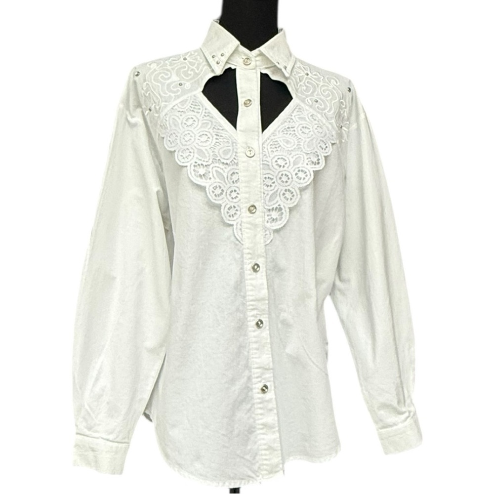 Women's White Button-Down Shirt with Lace Yoke